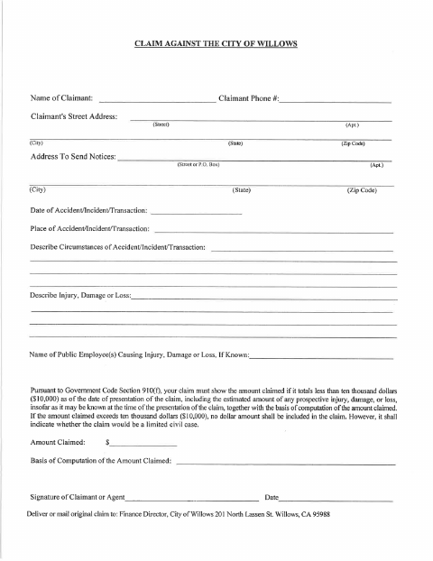 First page of the Claim Against the City of Willows
