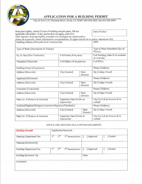 First page of the Building Permit Application