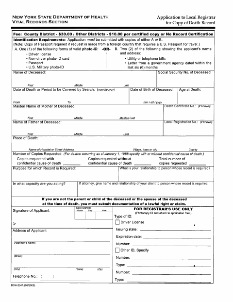 First page of the Application for Death Record