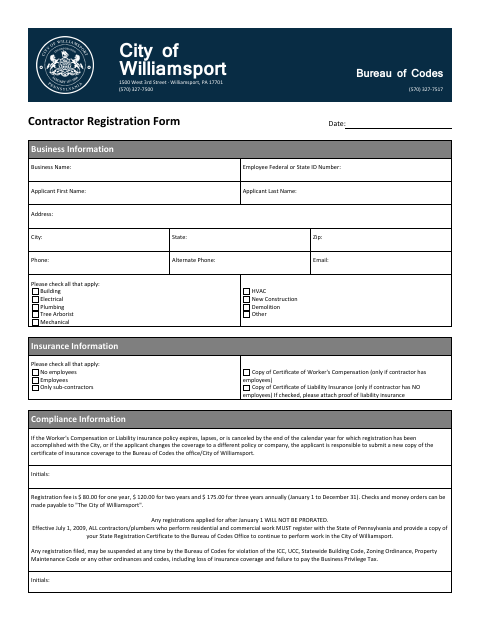 First page of the Contractor Registration Form