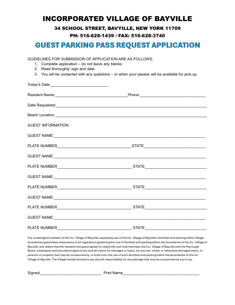 First page of the Guest Parking Pass Application