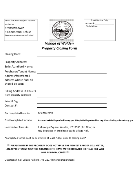 First page of the Property Closing Form
