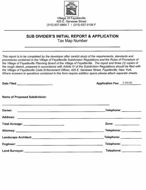 First page of the Subdivision Initial Report and Application