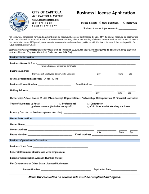 First page of the Business License Application