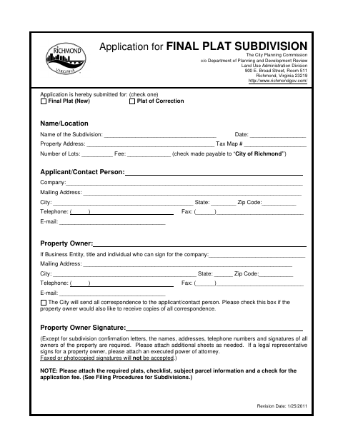 First page of the Final Plat Subdivision Application