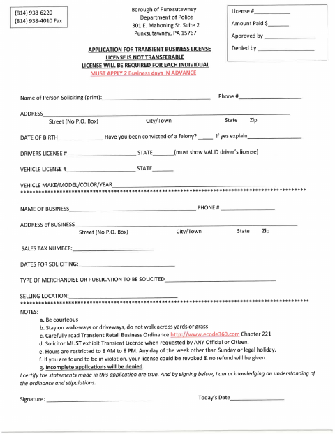 First page of the Transient Business License Application