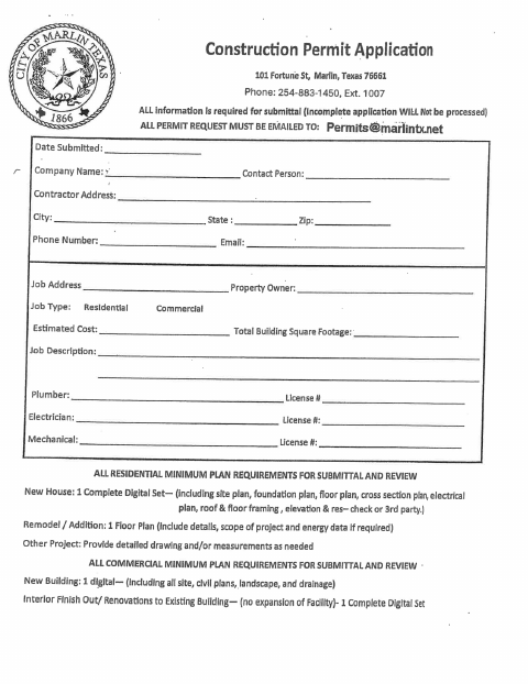 First page of the Construction Permit Application