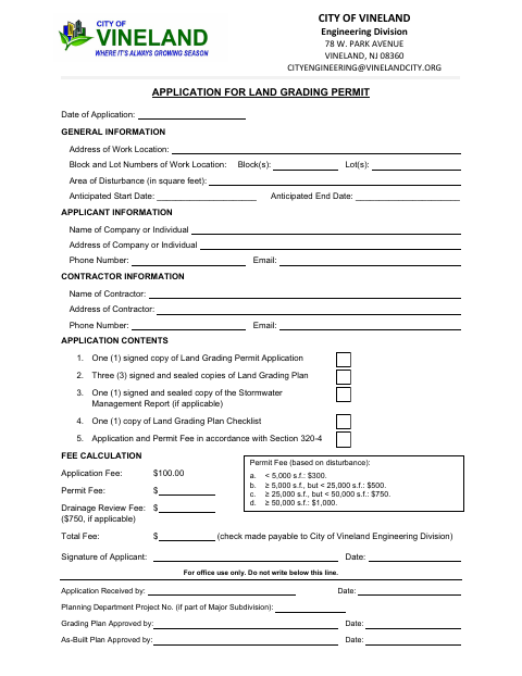 First page of the Application for Land Grading Permit
