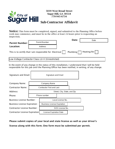First page of the Sub-Contractor Affidavit