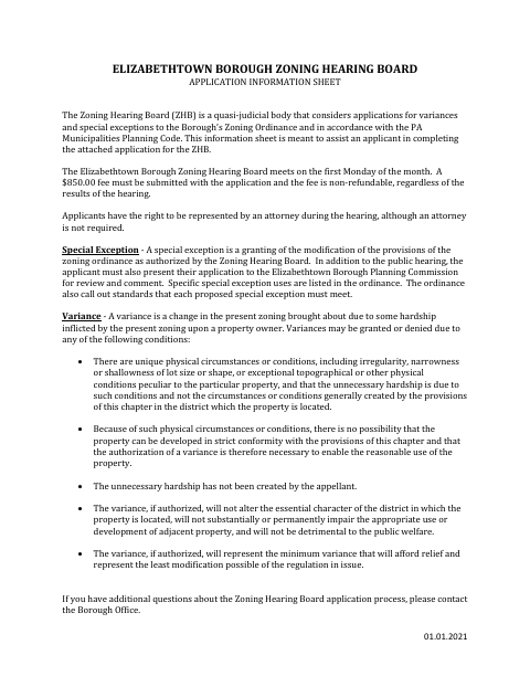 First page of the Zoning Hearing Board Special Exception or Variance Application