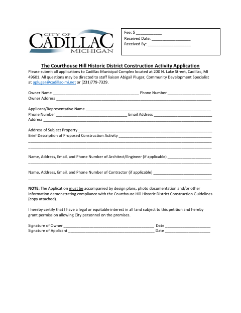 First page of the Courthouse Hill Historic District Construction Activity Application