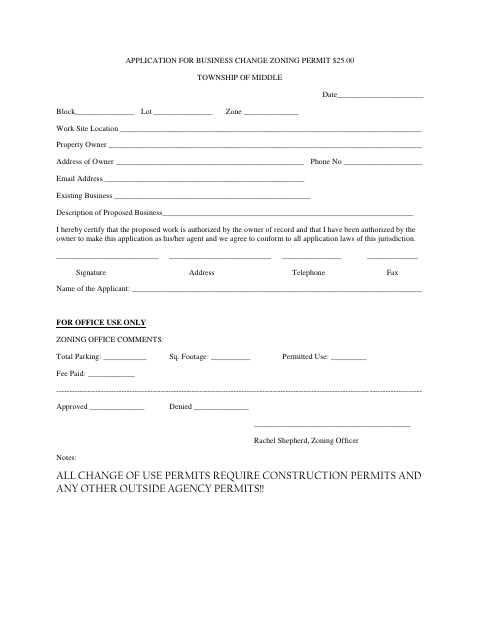 First page of the Business Change Zoning Permit Application