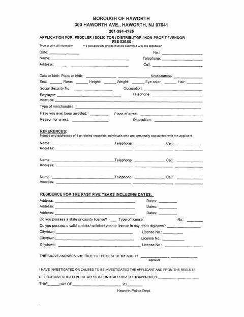 First page of the Peddler's Permit Application