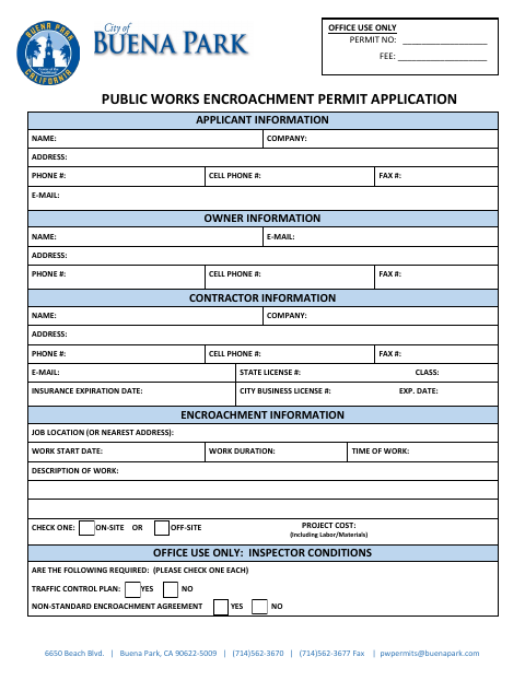 First page of the Public Works Encroachment Permit Application