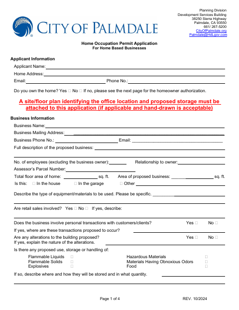 First page of the Home Occupation Permit Application