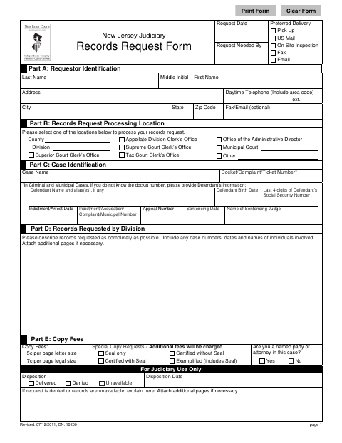 First page of the Judiciary Records Request Form