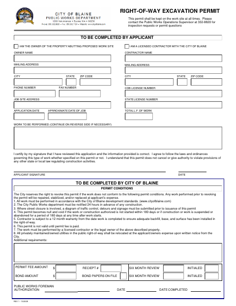 First page of the Right-of-Way Excavation Permit