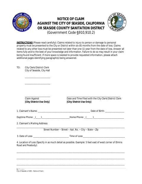 First page of the Notice of Claim Against the City or District