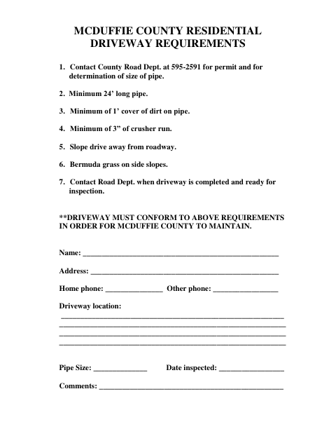 First page of the Residential Driveway Requirements