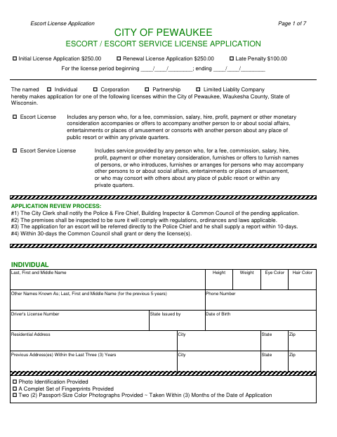 First page of the Escort License Application
