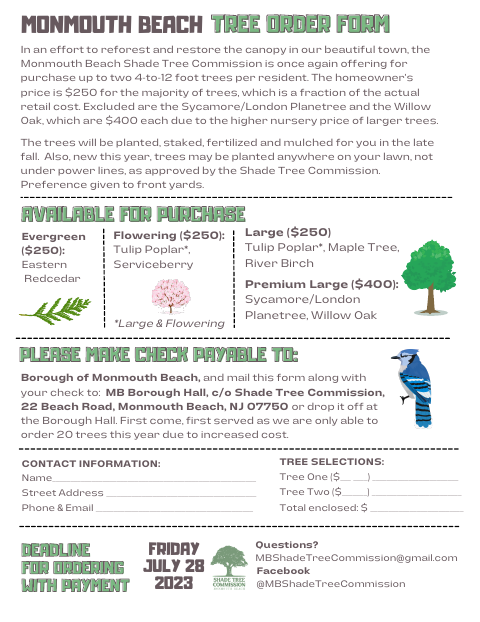First page of the Shade Tree Order Form