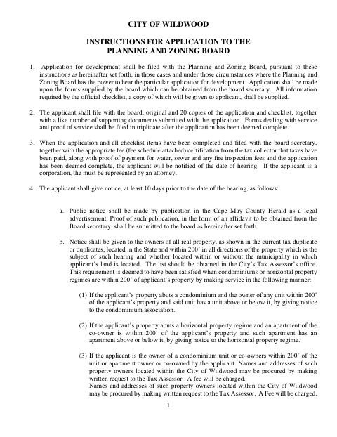 First page of the Planning and Zoning Board Application