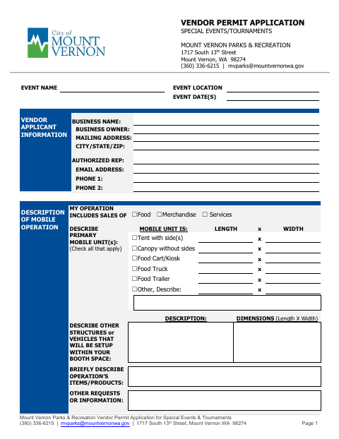 First page of the Vendor Permit Application for Special Events & Tournaments