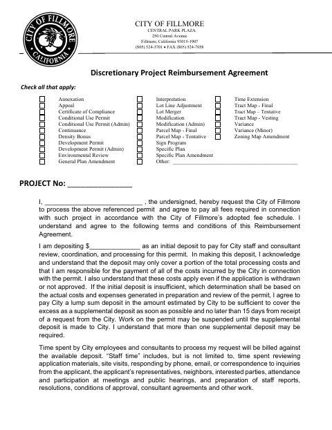 First page of the Discretionary Project Reimbursement Agreement