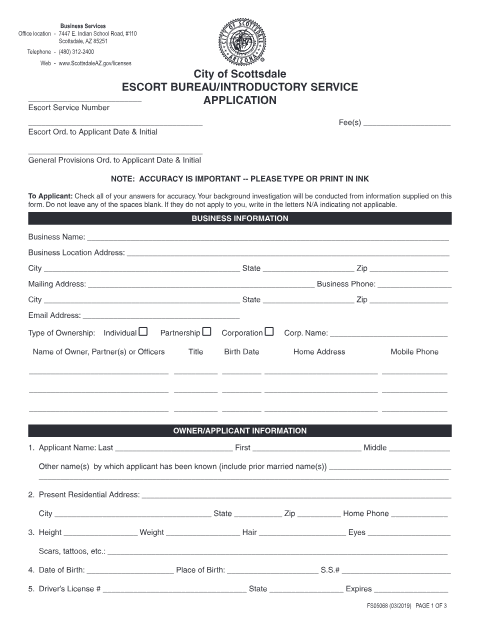 First page of the Escort Bureau/Introductory Service Application