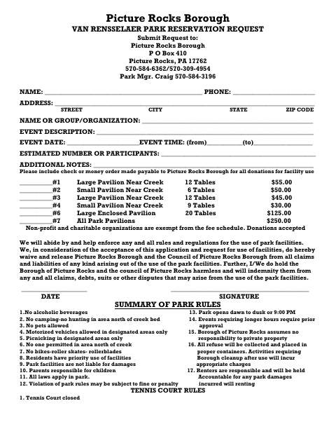 First page of the Van Rensselaer Park Reservation Request
