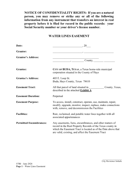 First page of the Water Line Easement
