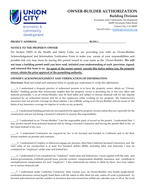 First page of the Owner-Builder Authorization