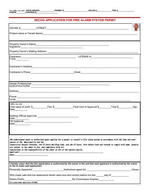 First page of the Fire Alarm System Permit Application