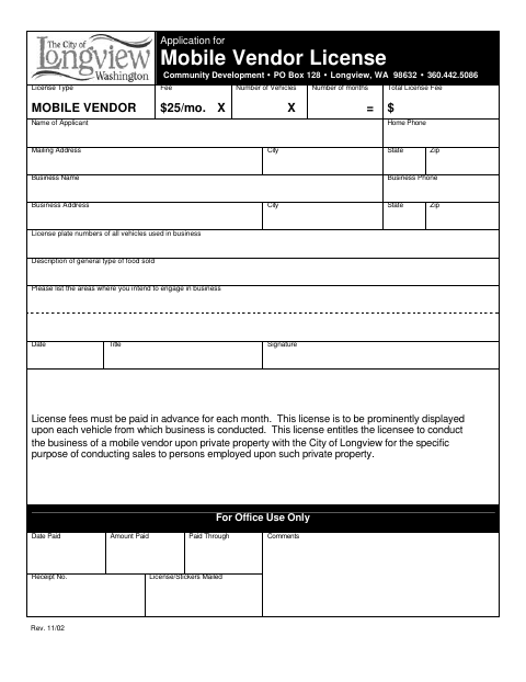 First page of the Application for Mobile Vendor License