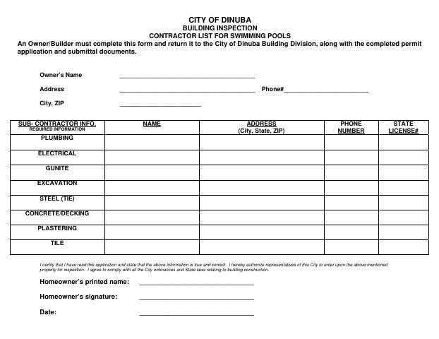 First page of the Building Inspection Contractor List for Swimming Pools