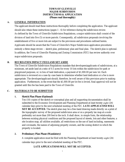 First page of the Major Subdivision Application