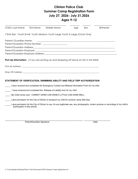 First page of the Summer Camp Registration Form