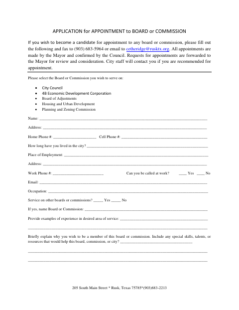 First page of the Application for Appointment to Board or Commission