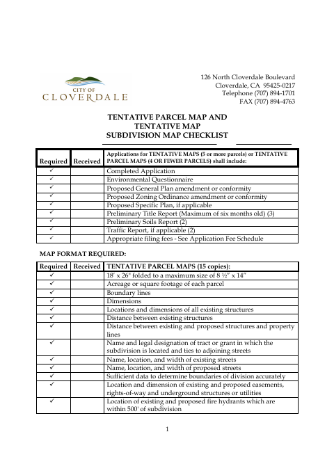 First page of the Tentative Map / Tentative Parcel Map Subdivision Checklist