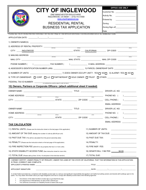 First page of the Residential Rental Business Tax Application