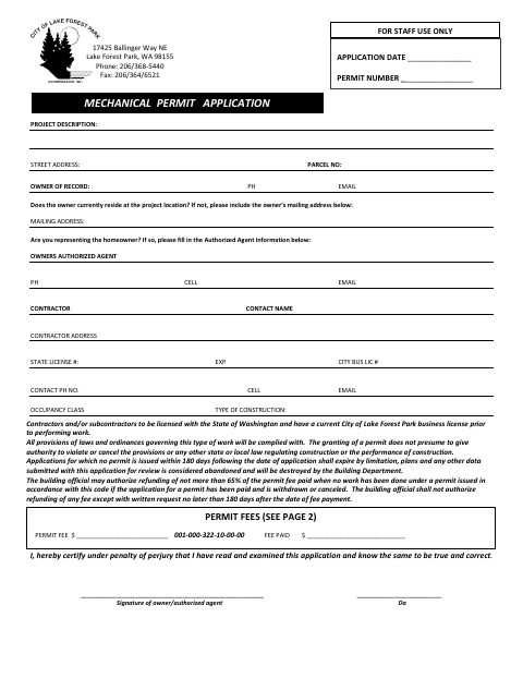 First page of the Mechanical Permit Application and Fees