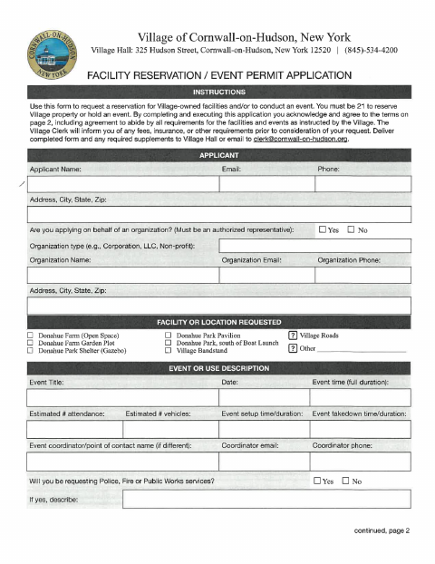 First page of the Facility Reservation / Event Permit Application