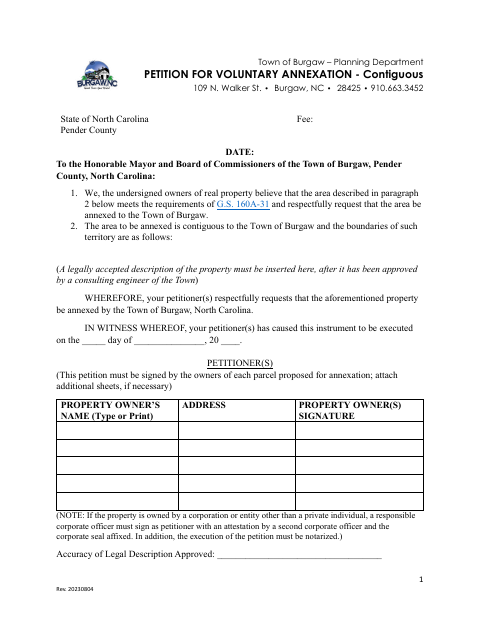First page of the Petition for Voluntary Annexation – Contiguous