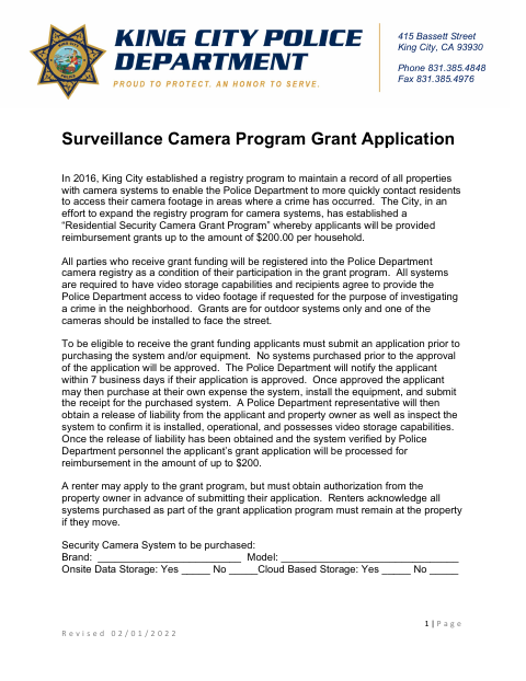 First page of the Surveillance Camera Program Grant Application