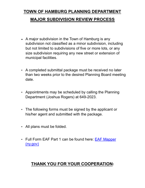 First page of the Major Subdivision Application
