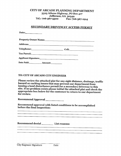 First page of the Secondary Driveway Access Permit Application