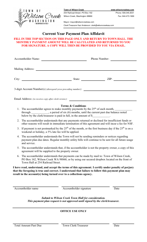 First page of the Current Year Payment Plan Affidavit