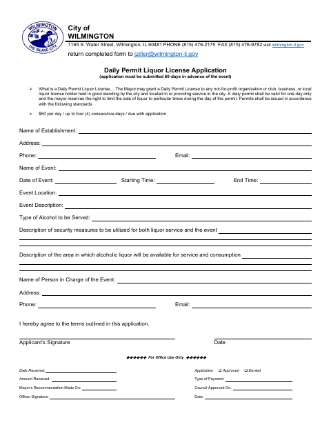 First page of the Daily Permit Liquor License Application