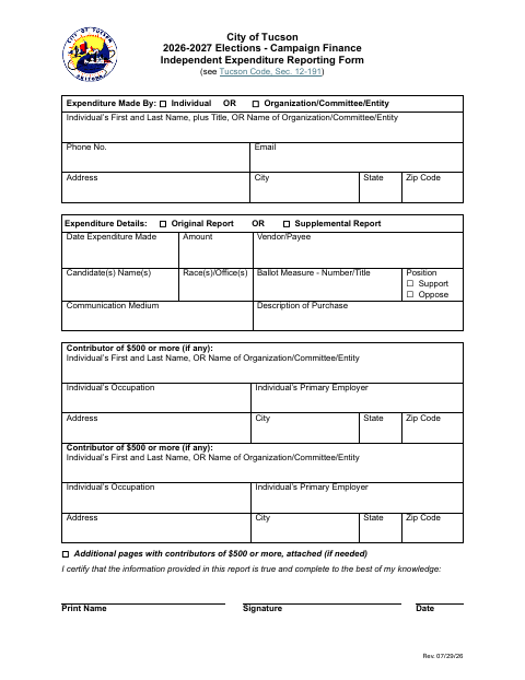 First page of the Campaign Finance Independent Expenditure Reporting Form