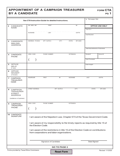 First page of the Appointment of a Campaign Treasurer by a Candidate